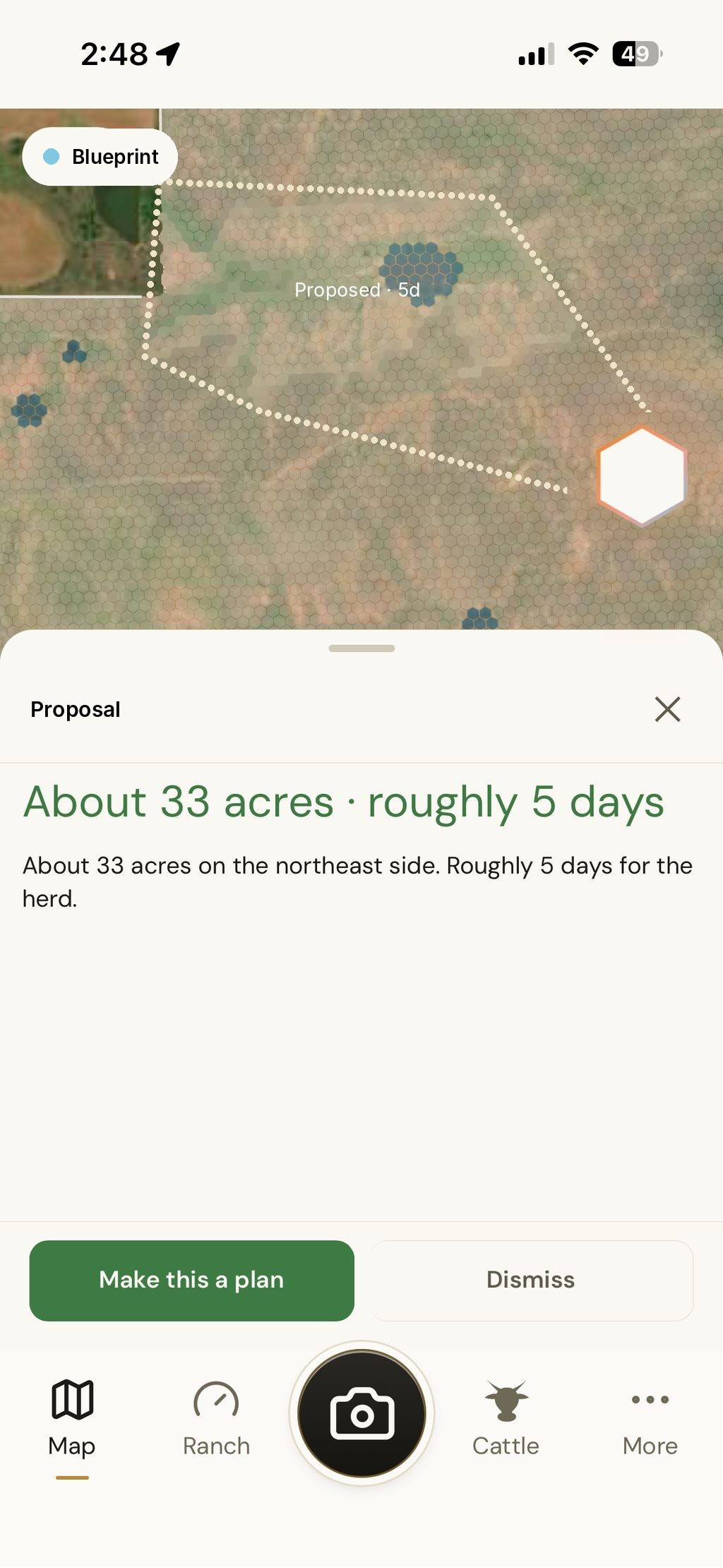 A Blueprint Ag proposal drawn on the map: about 33 acres, roughly 5 days, with buttons to make it a plan or dismiss it