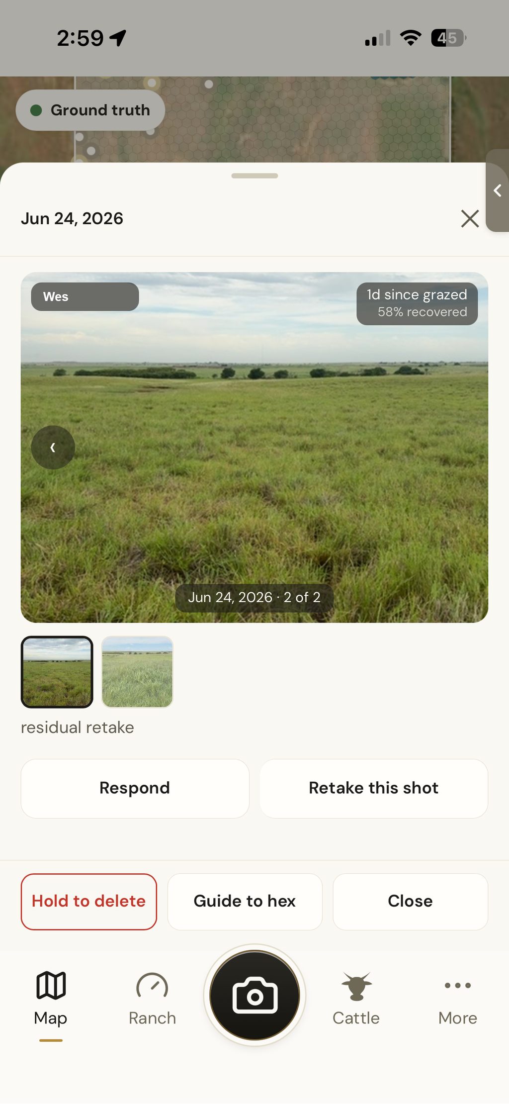 The same spot in the same framing, stamped one day since grazed