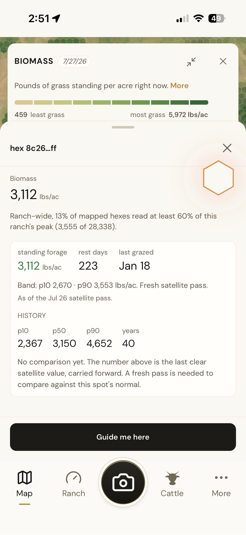 One hex opened: 3,112 pounds per acre, 223 days rested, with a forty year record