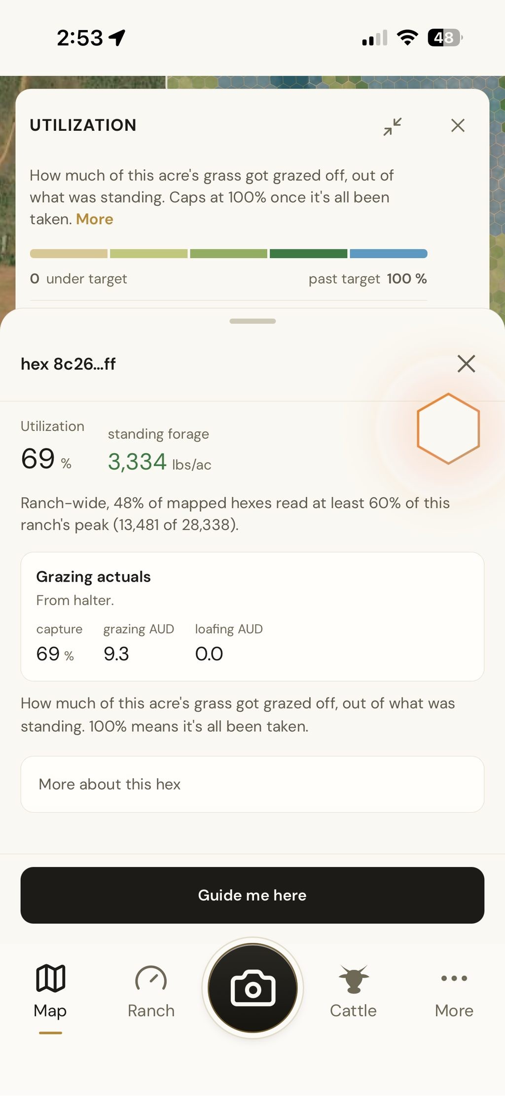 One hex opened: 69 percent utilization, with grazing actuals from the collars
