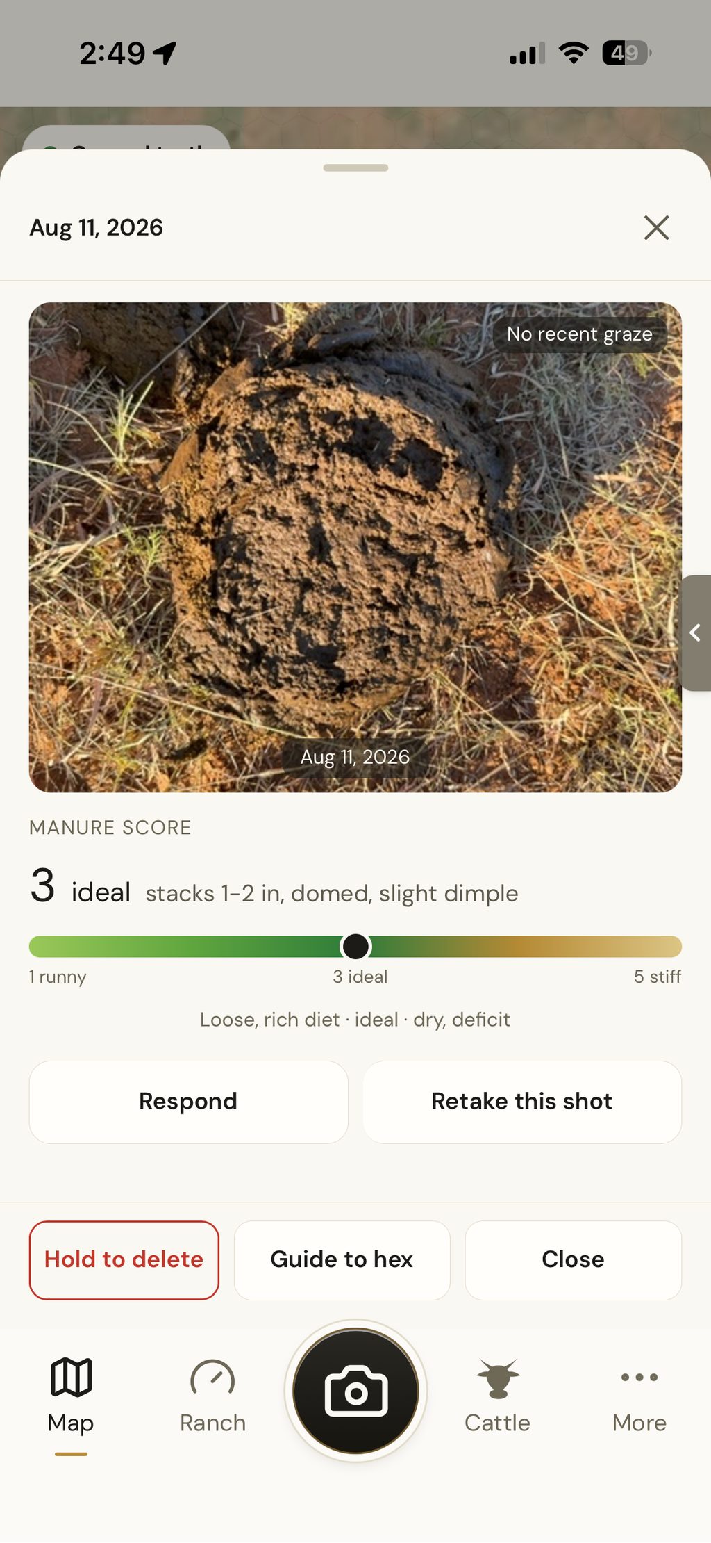 Manure card scored 3, ideal, on a one to five scale from runny to stiff