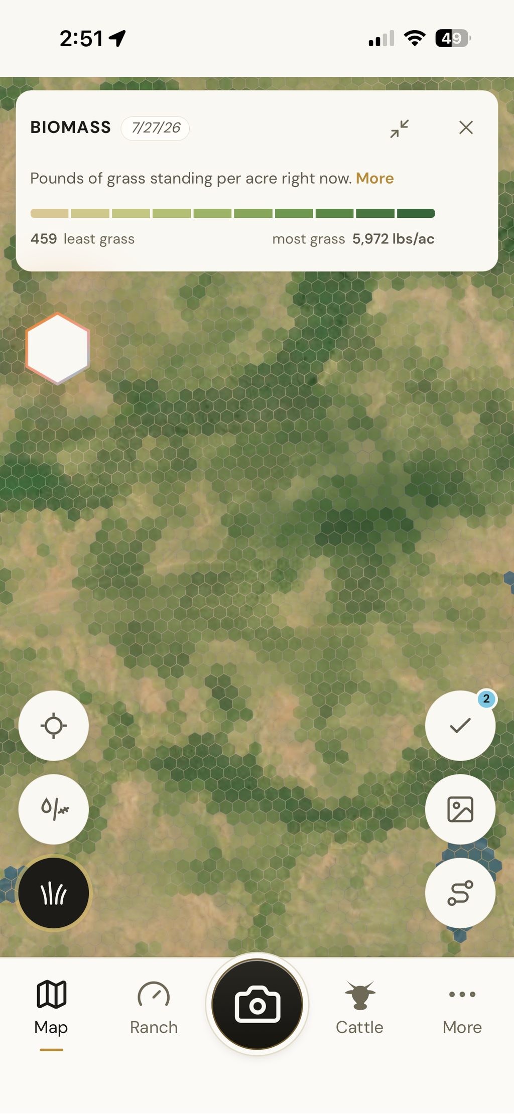 Hex map coloured by biomass, 459 to 5,972 pounds per acre