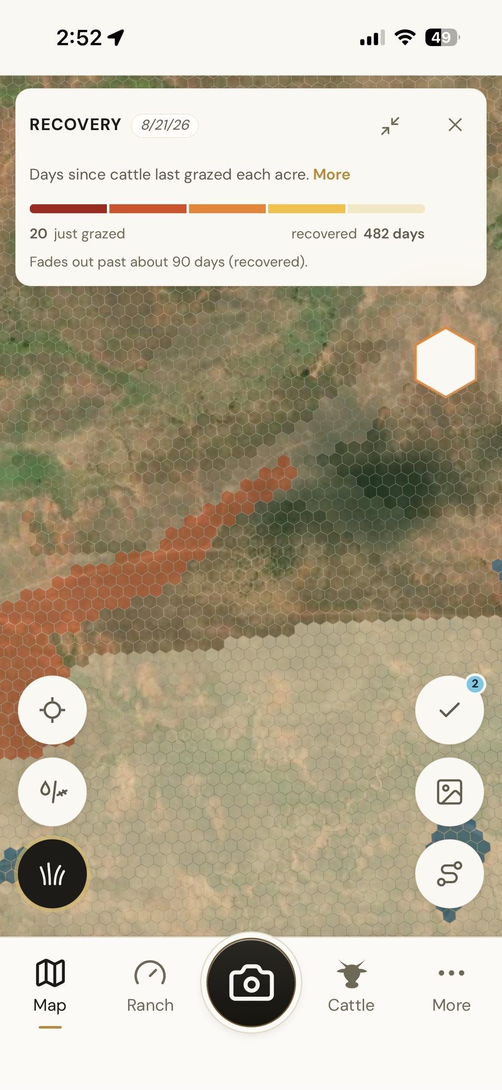 Hex map coloured by days since each acre was last grazed