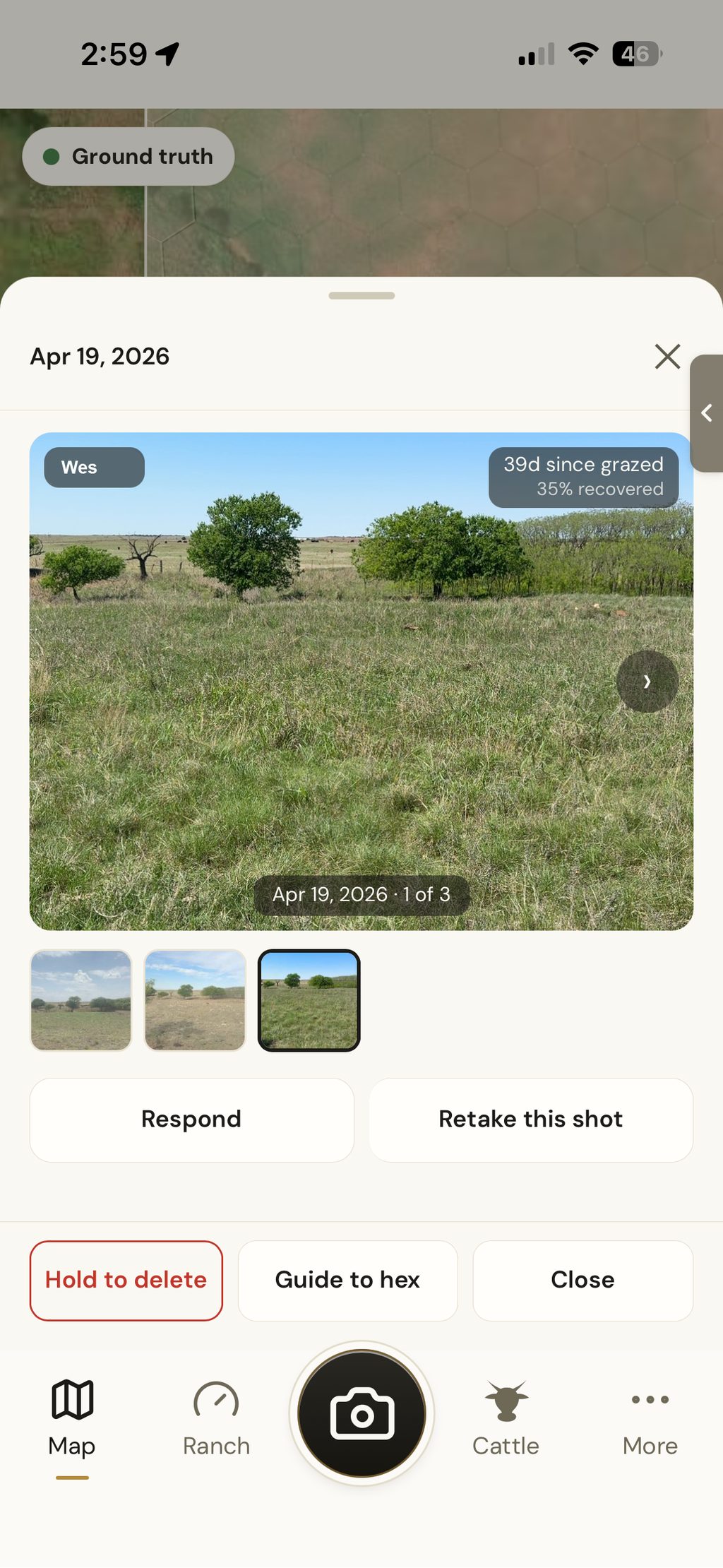 Ground truth screen with a strip of repeat photos of the same spot across a season