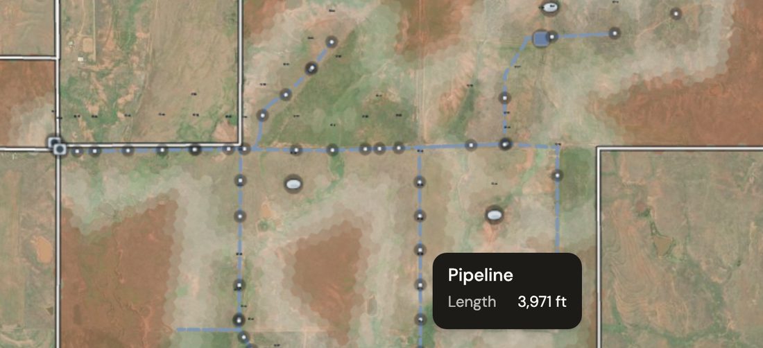 CapEx on a satellite map: water points with their reach shaded on the ground, a routed pipeline between tanks, and a readout giving the pipeline length.